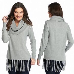 MICHAEL KORS,Gray Sweater Fringe Women,‎ Hem Cowl Neck Sz M Long Sleeve Pullover